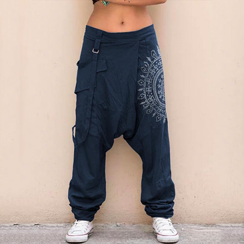 Männer Casual Elastische Taille Baggy Hosen Lange Hosen Harem Boho Low Rise Drop Crotch Retro Lose Druck Hosen Männer kleidung M navy blau