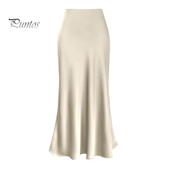 Frauen Eleganter Rock aus Kunstseide und Satin mit hoher Taille, Fischschwanzrock, A-Linie, einfarbig, glänzend, für Bürodame, Rock, Arbeitskleidung 2XL apricot