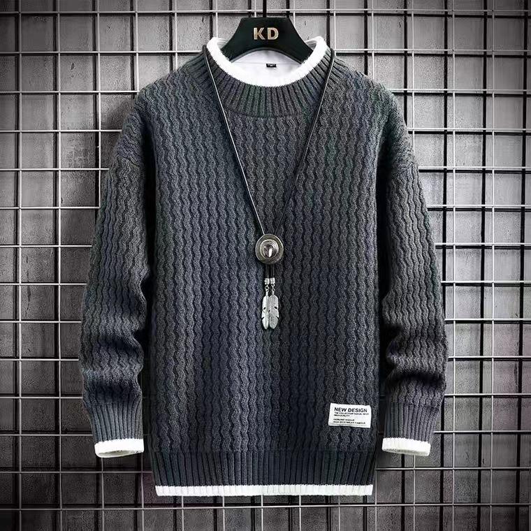 Herren Pullover Slim Fit Mode Strickpullover Mann Dicker Warmer Pull Homme Retro Streifen Pullover 2XL grau