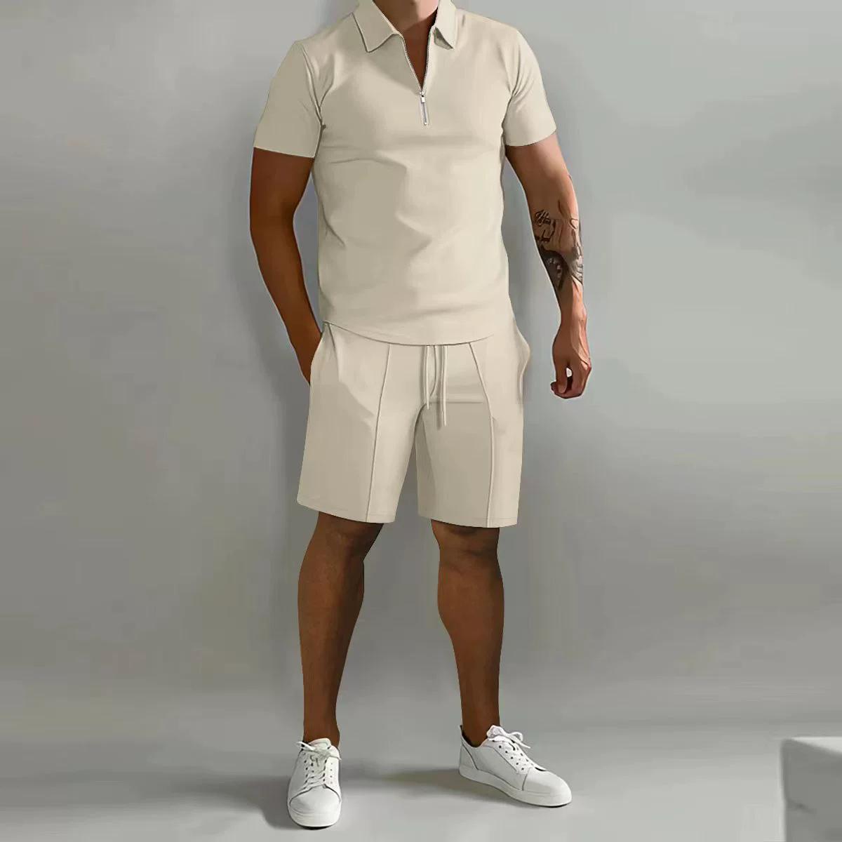 Frühling und Sommer Herren Sets Revers Kurzarm Polohemd Sporthose 2-teilige Anzüge für Herren S beige