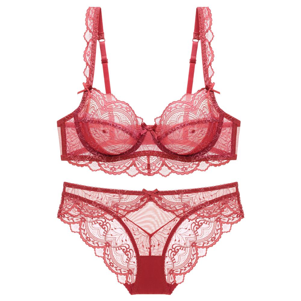 Neue Plus Größe BCDE Cup Bh Set Sexy Spitze Ultradünne Frauen Unterwäsche Sommer Transparente Bhs und Höschen 85E 90C 95D Dessous 70C rot