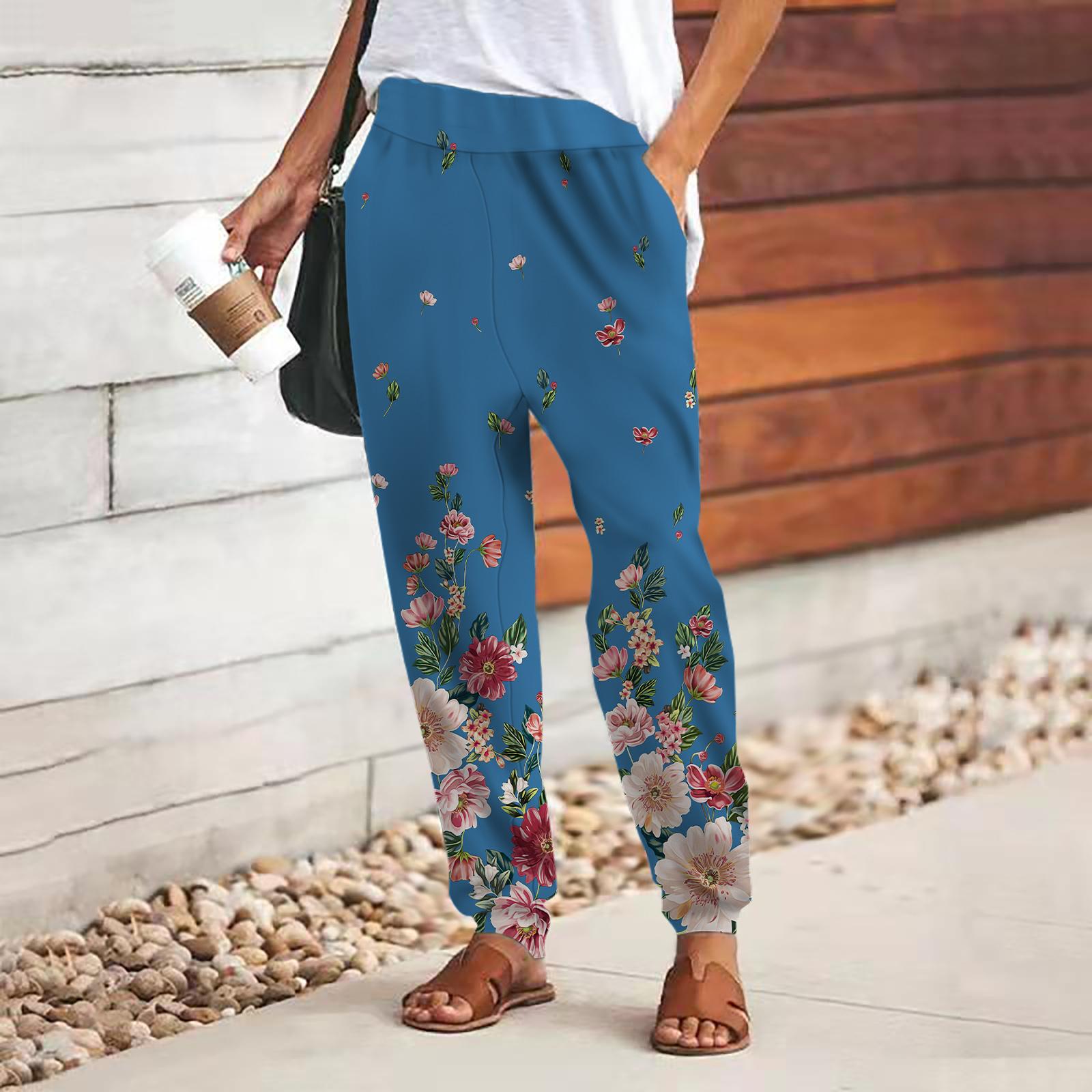 Damenhose mit 3D-Blumen-Print, zum Schnüren, elastischer Bund, lockere Hose, lässige lange Hose, Hose mit Taschen L blau
