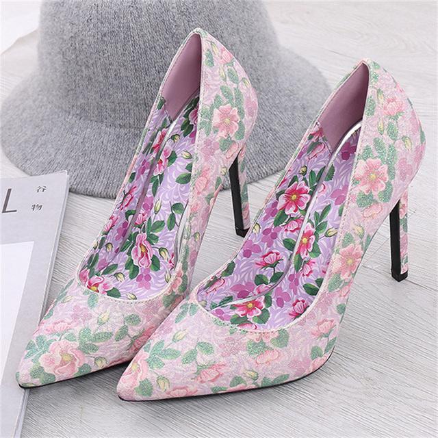 Frauen Süße 11cm High Heels Mode Blume Drucken Spitz Stiletto Pumps Dame Graffiti Grün Hochzeit Party Fetisch Schuhe 35 violett
