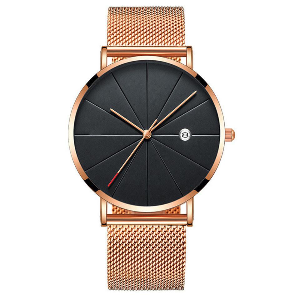 Mode Herrenuhren Luxus Business Herrenuhr Herren Sport Casual Quarz-Armbanduhr Edelstahl Mesh-Armband Ultradünnes Zifferblatt Datumsuhr schwarz/rose gold