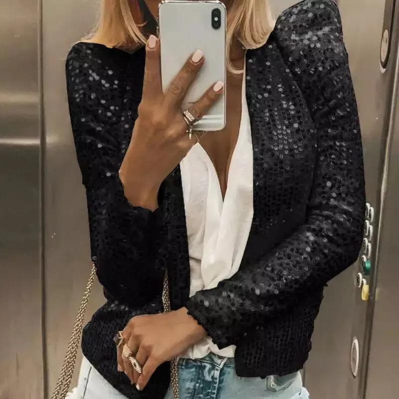 Mode Stehkragen Kontrast Pailletten Mantel Frauen Kleidung Frühling Und Herbst Langarm Jacke Casual Zipper Kurzen Mantel 29445 L schwarz