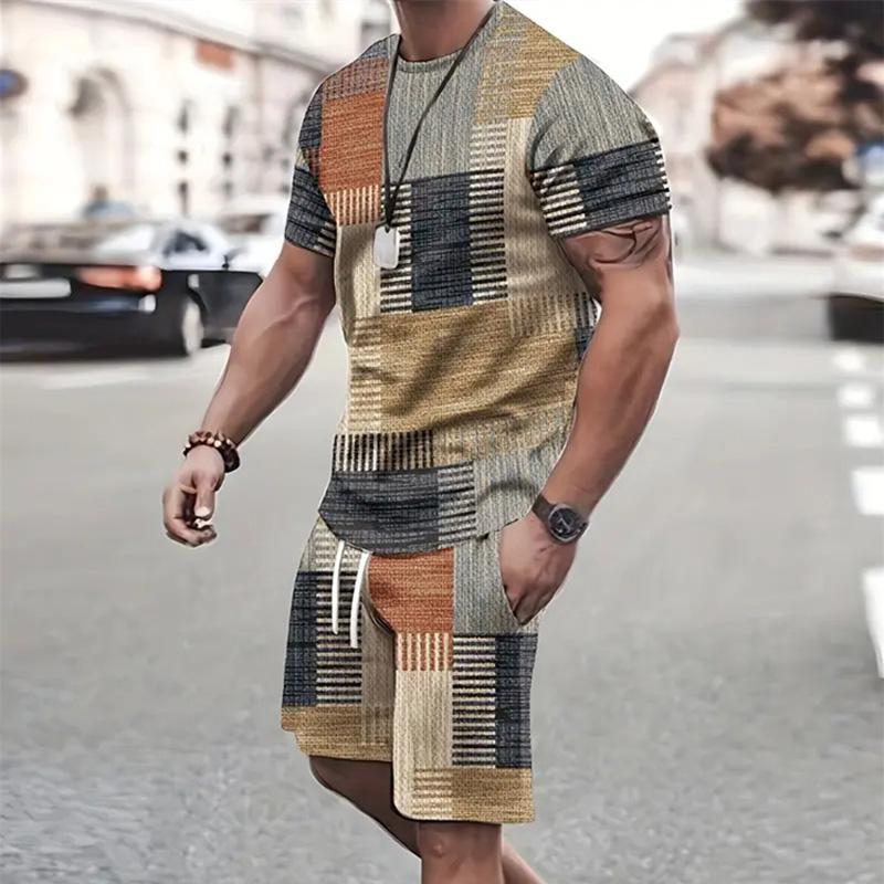 Mode Herren Sportswear Kurzarm T-Shirt und Sport Shorts Sommer Casual Vintage Patchwork Anzug Herren Zweiteiler Anzug 4XL