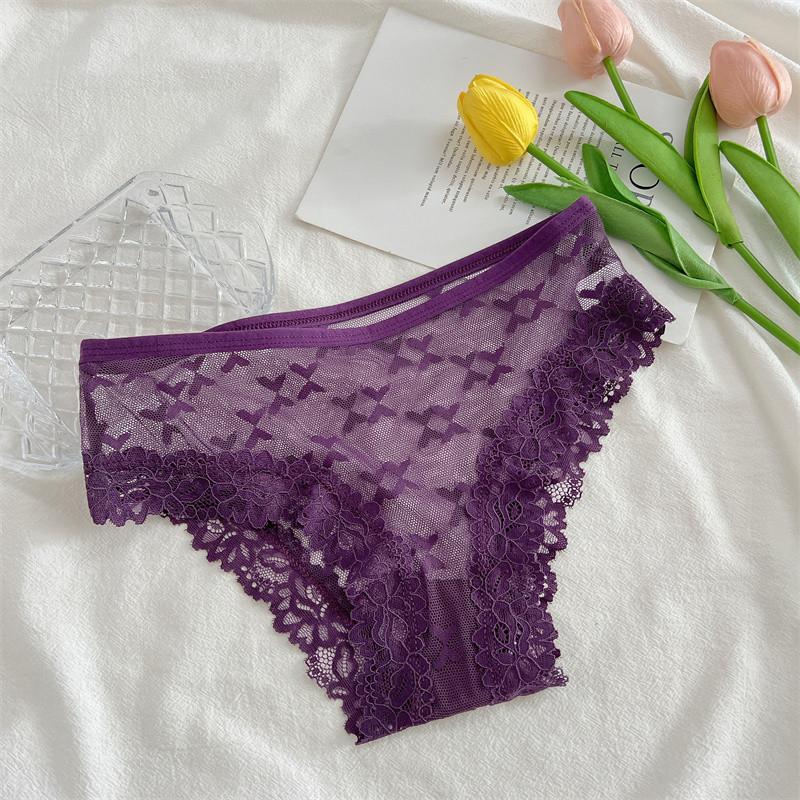 FINETOO Nahtlose Spitzenhose für Damen, weiche Dessous, weiche und atmungsaktive Dessous, Baumwolle, bequeme Perspektivenunterwäsche L violett