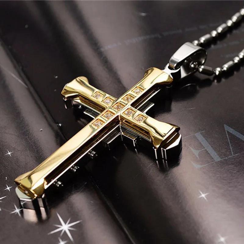2026 Neuer Herren Kristall Kreuz Jesus Anhänger Gold/Schwarz/Blau Farbe Zirkonia Kreuz Anhänger Halskette Edelstahl Schmuck 60CM gold