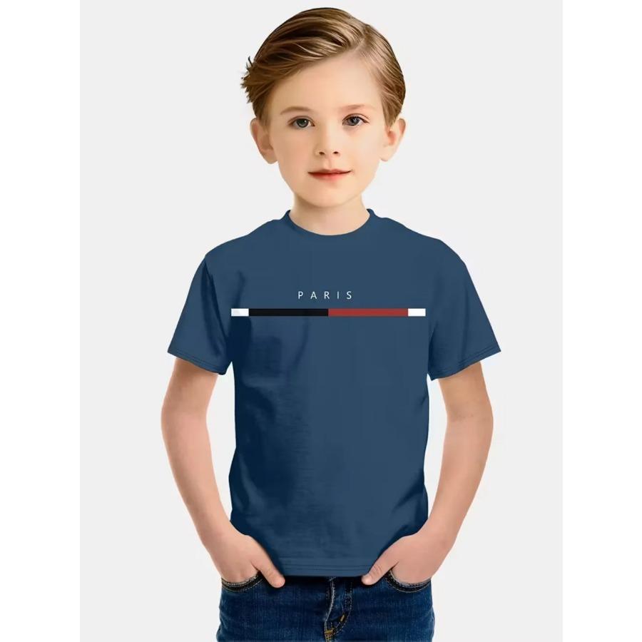 Jungen T-Shirt Einfach Paris Buchstaben Druck Sommer Kurzarm T-Shirts Locker Mode Rundhals Oberteile Streifen Streetwear Kinderbekleidung 150