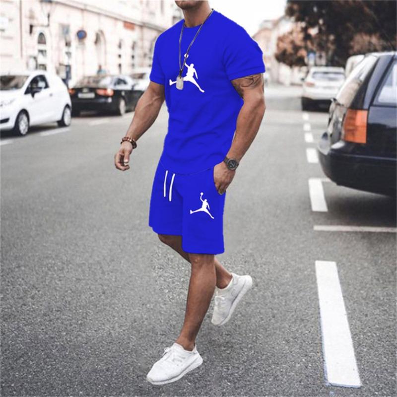 2023 neue Sommer Heißen männer T-shirt + Shorts Set männer Sport Set 3D LOGO Print Freizeit Mode Kurze hülse T-shirt Top Set XL blue