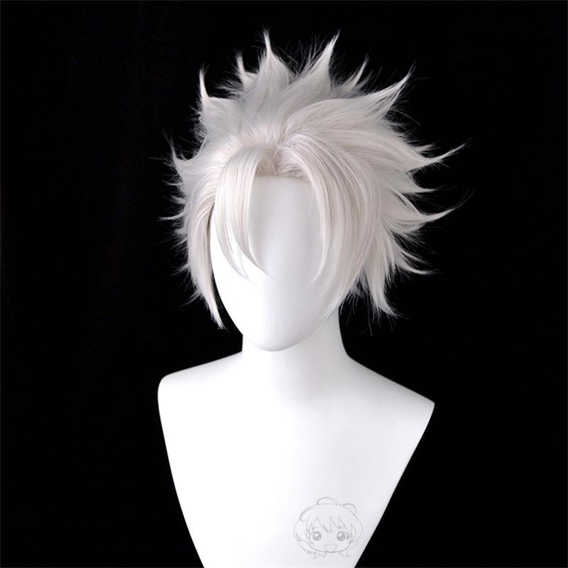 Hochwertige Shinazugawa Sanemi Cosplay-Perücke im kurzen silberweißen Stil, hitzebeständig, Kunsthaar, Anime-Perücken + Perückenkappe One Size