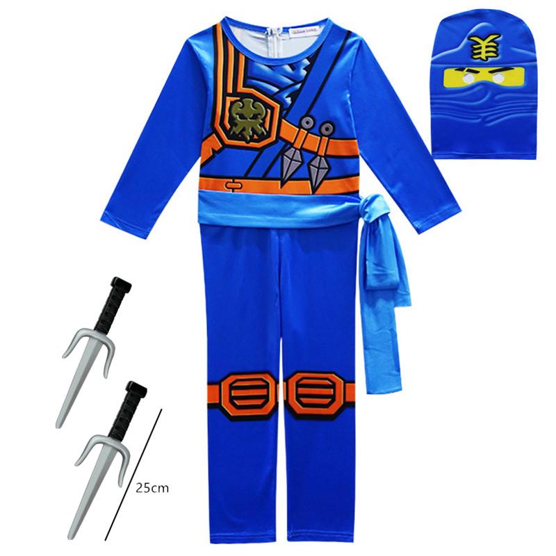 Kinder Bein Ninja Cosplay Superheld Jumpsuit Kinder Anime Ninja Kostüm Kostüm für Kostümparty Karneval Halloween Kostüm mit Spielzeuggabel 140 blue