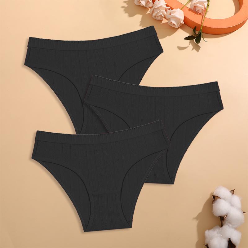 FINETOO 3er-Set Baumwolle Gestreifte Dehnbare Unterwäsche Damen Niedrige Taille Slips Sexy Elastischer Breiter Bund Unifarbene Slips Komfort Lingerie S