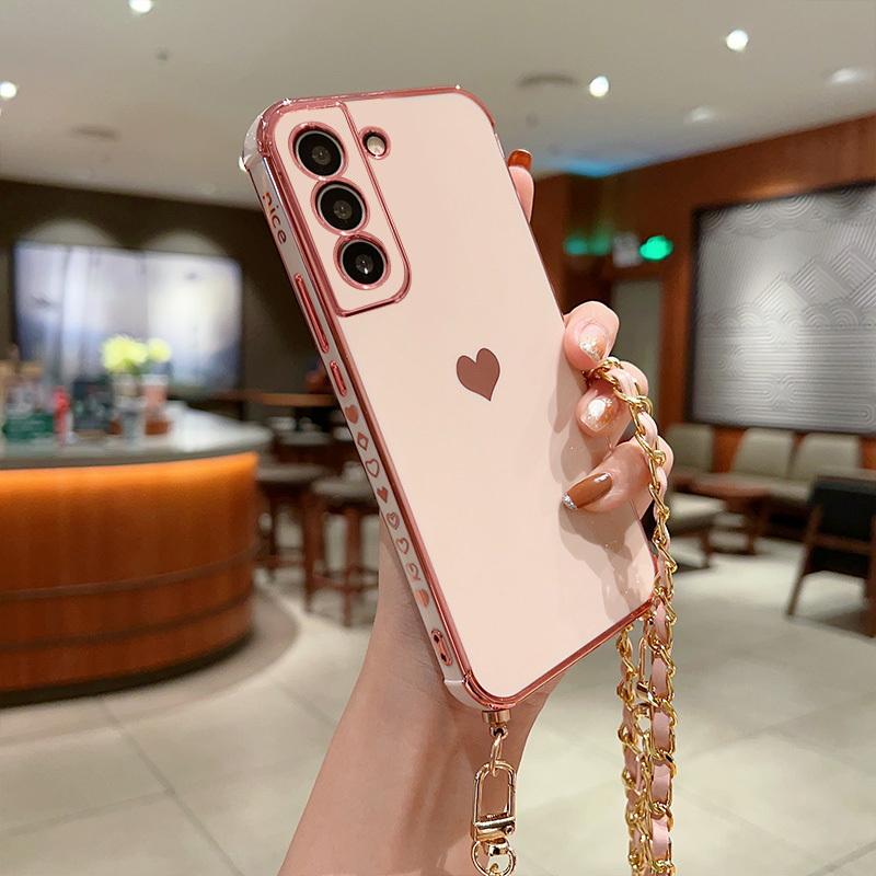 Für Samsung S24 S23 S22 Ultra A55 A35 S21 FE A15 A25 A54 5G Crossbody Halskette Strap Lanyard Überzug Herz Stoßfest Abdeckung Samsung S21 FE rosa