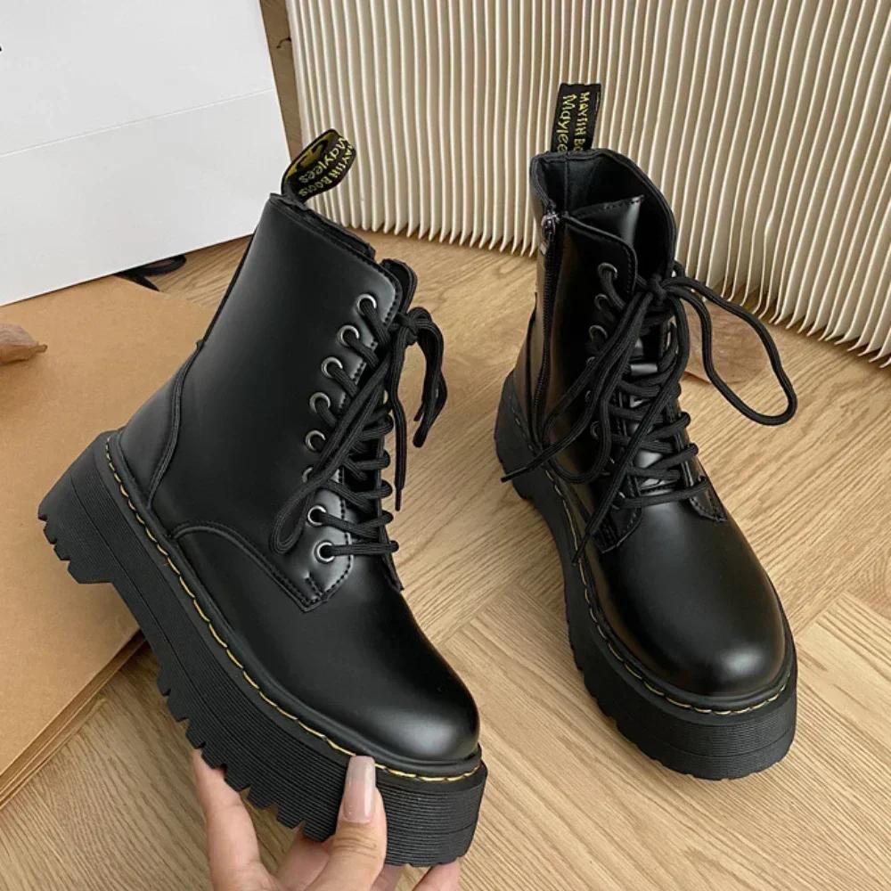 Herbst Schnürstiefel Damen Lässig Blockabsatz 2024 Modeschuhe Damen Leder Chelsea Punk Damen Goth Schuhe Plateau-Stiefel 39 schwarz