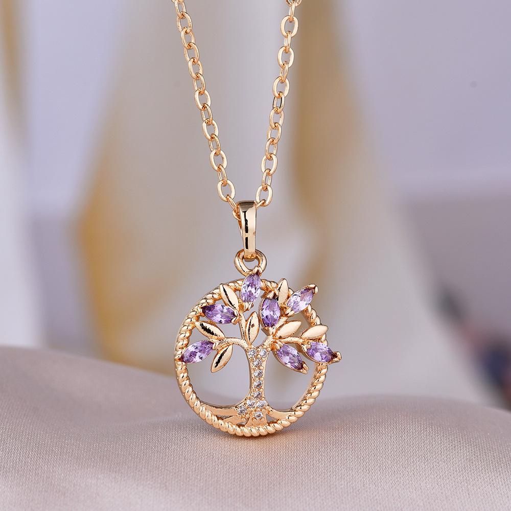 Lila Baum des Lebens Halskette Weibliche Hohl Wasser Diamant Zirkon Anhänger Weihnachten Halskette violett