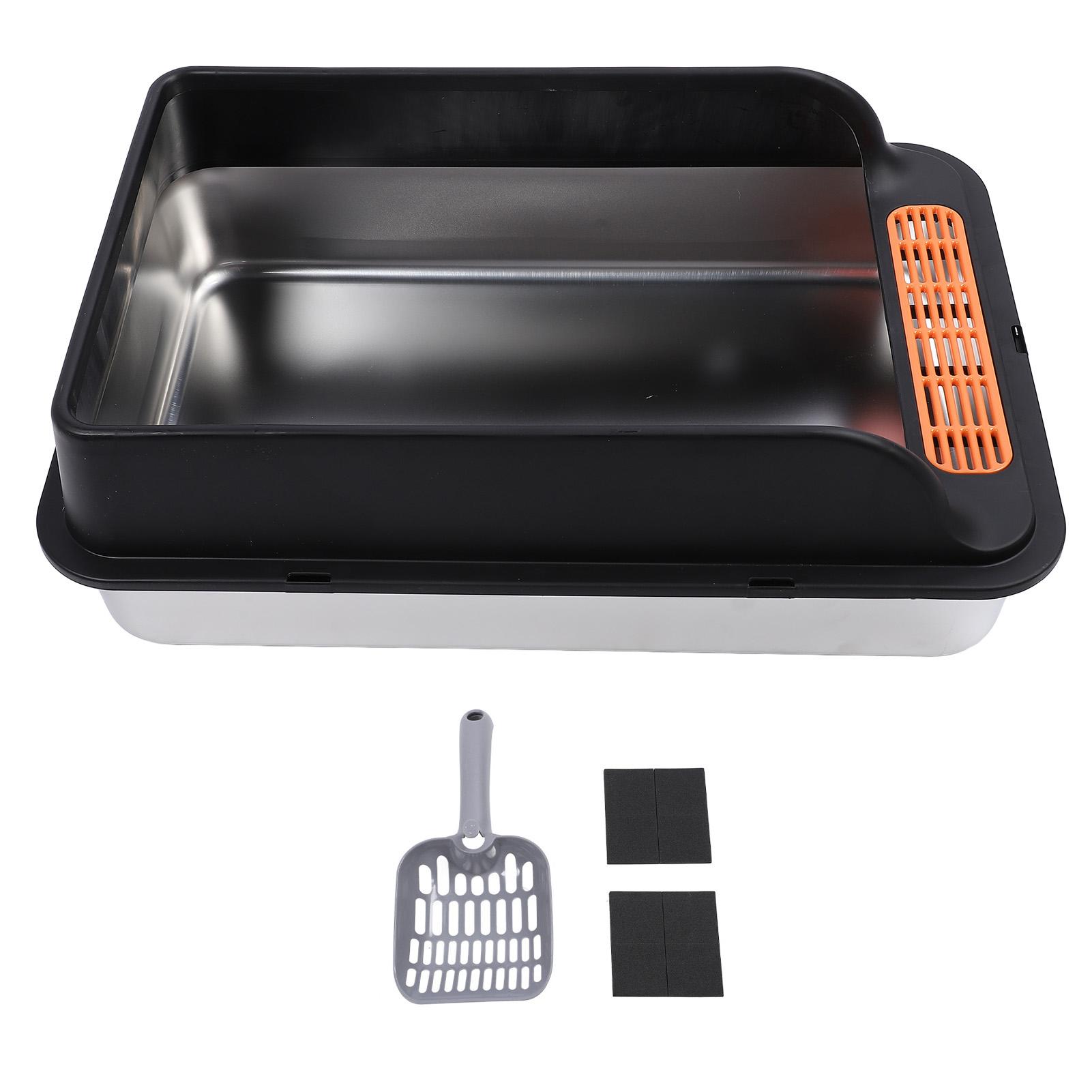 Große Metall-Katzentoilette Edelstahl Spritzschutz Hochwandige Katzentoilette mit Pedal L schwarz