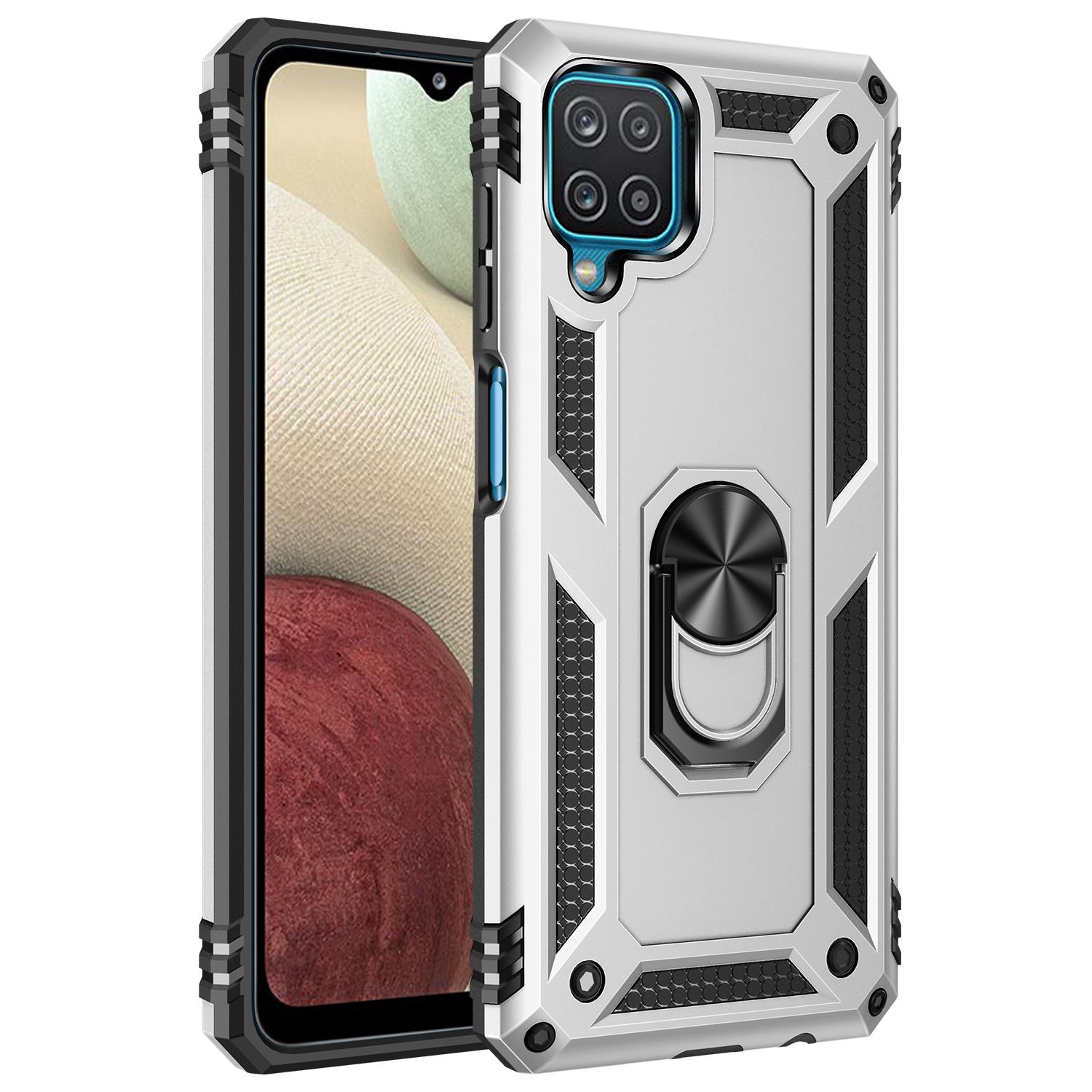 Ringhalter-Hülle für Samsung Galaxy A12 SM-A125F/M/N M12 F12 AMF 12 Stoßfeste Abdeckung für Galaxy A12 Hülle Samsung A12 M12 F12 For Galaxy F12 silber