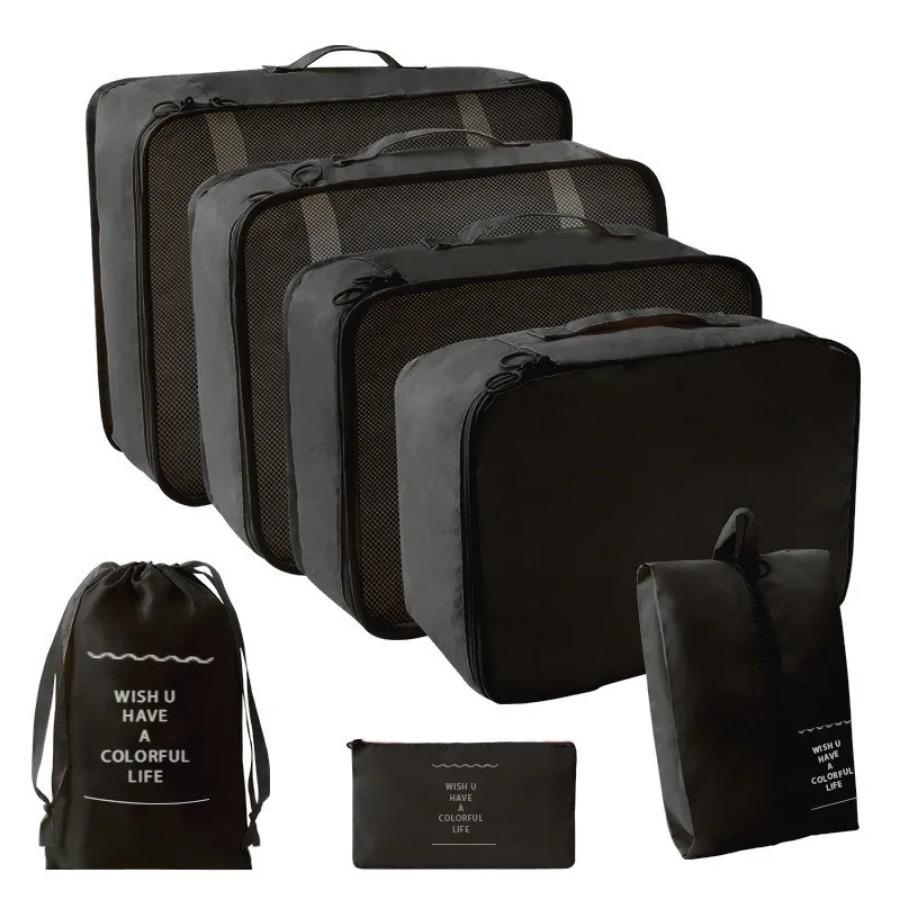 4/7/8-teiliges Set Reisetaschen-Organizer, Kleidung, Gepäck, Reise-Organizer, Decke, Schuhe, Make-up-Organizer, Tasche, Koffer, Beutel, Packwürfel 7 PCS Black