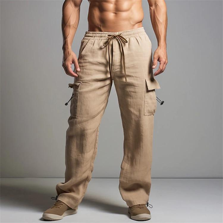 Herren Jogginghose Baumwollhose Sommer Strandhose Kordelzug Elastische Taille Mehrere Taschen Einfarbig Atmungsaktiv Lässige Arbeitshose M khaki