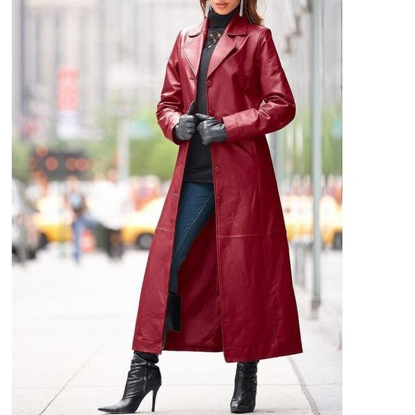 Damenmode Lange Lederjacke Lässig Locker Knopf Einfarbig Lange Regenmäntel Steampunk Jacken Gothic Revers Jacken Bikerjacke XXXXL rot