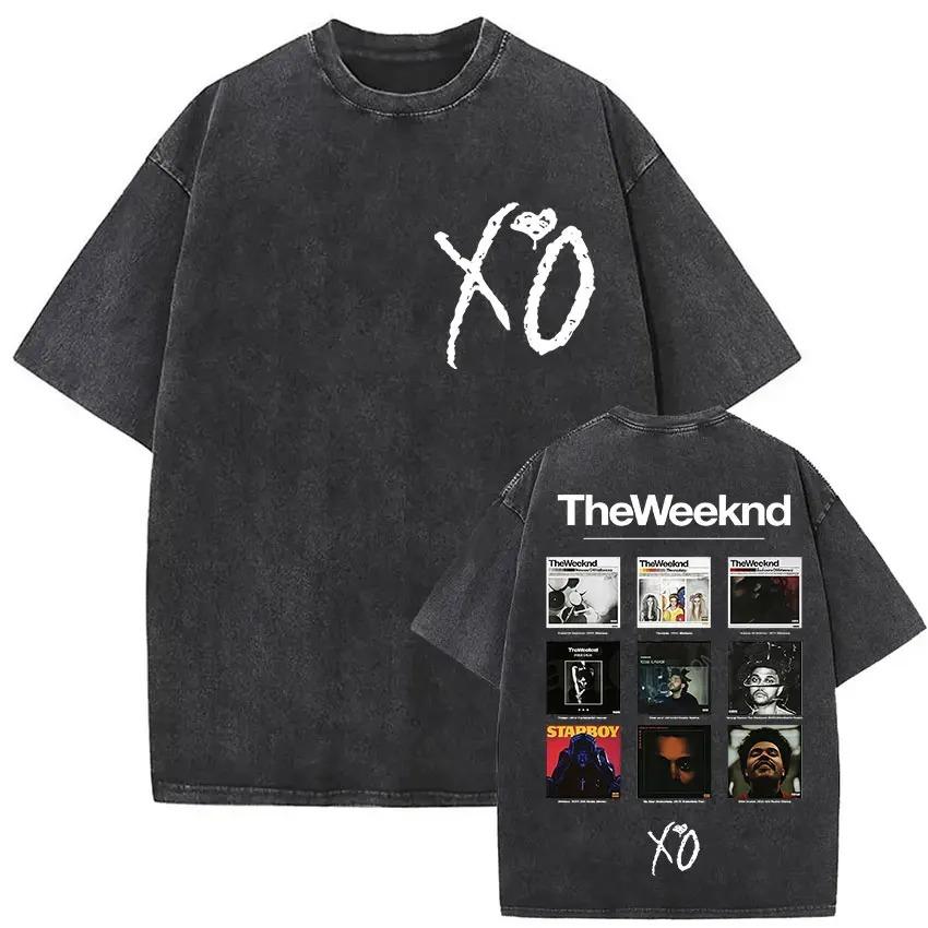The Weeknd XO Tour 2026 Vintage Washed T-Shirt Herren Damen Popmusik Kurzarm-T-Shirts Rap Hip Hop Gothic Kleidung T-Shirts M braun