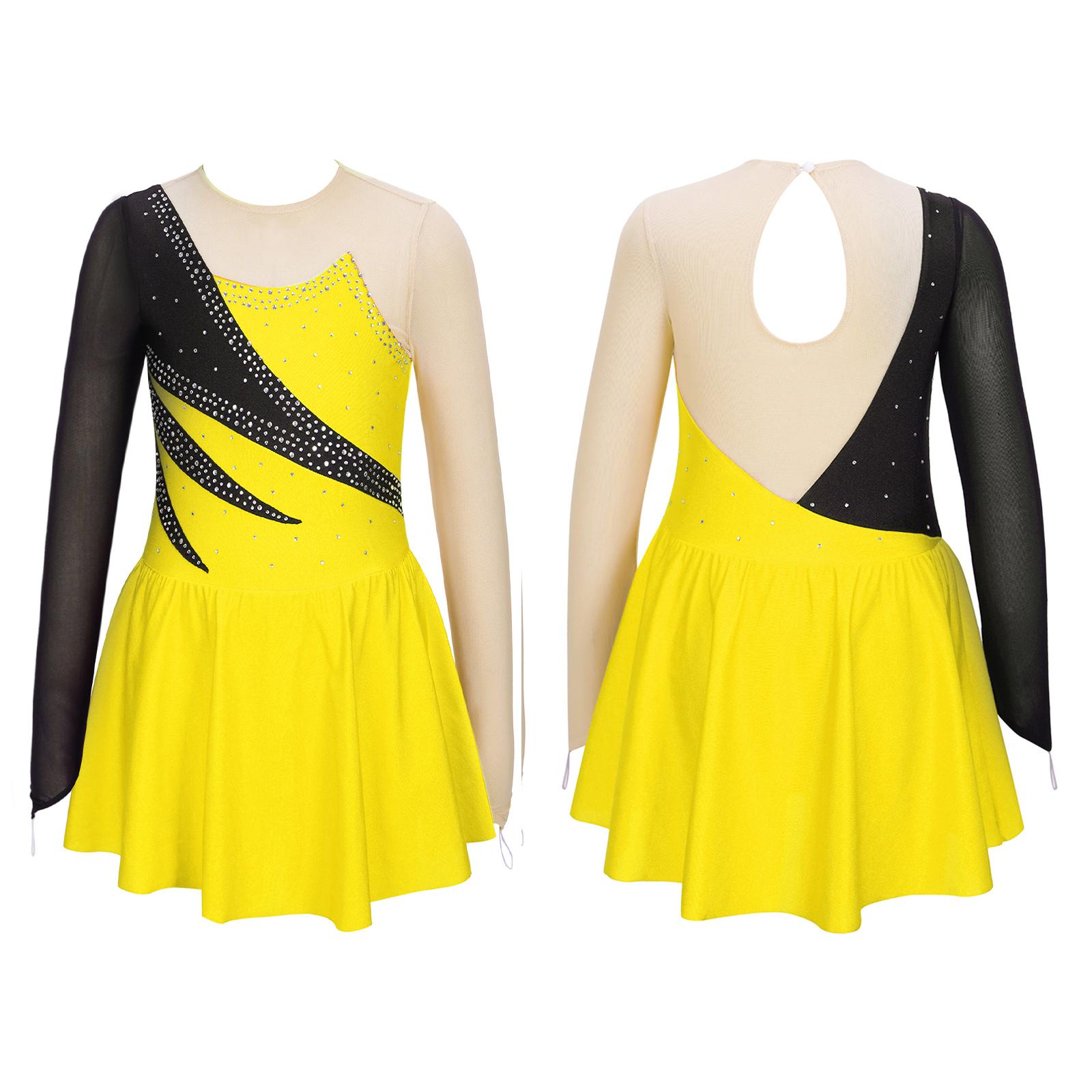 Kinder Mädchen Langarm Glitzernde Strass Dekor Hohler Rücken Gymnastik Tanz Skaten Kleider 7-8 Years gelb