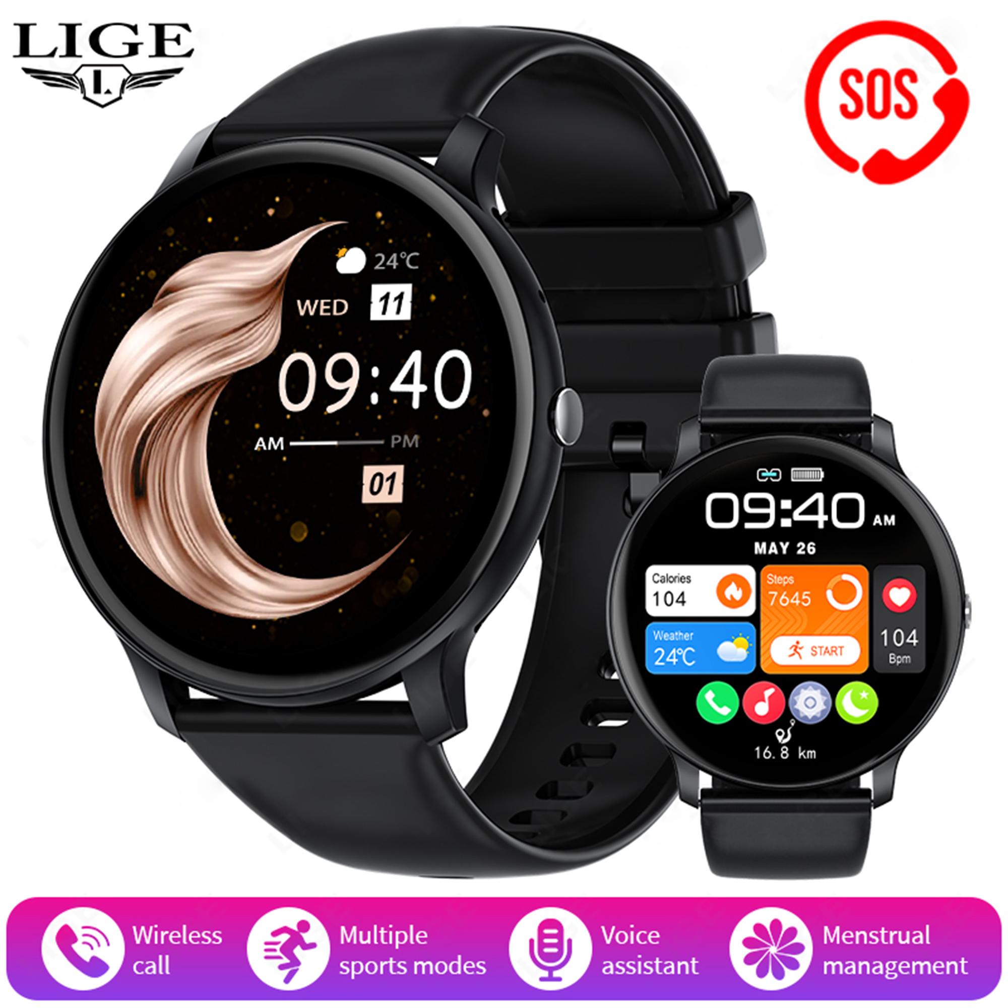 LIGE Smartwatch, Bluetooth-Anruf, Sprachassistent, wasserdichte Smartwatch, Outdoor-Übungen, Fitness-Armband, geeignet für Android IOS silicone strap schwarz