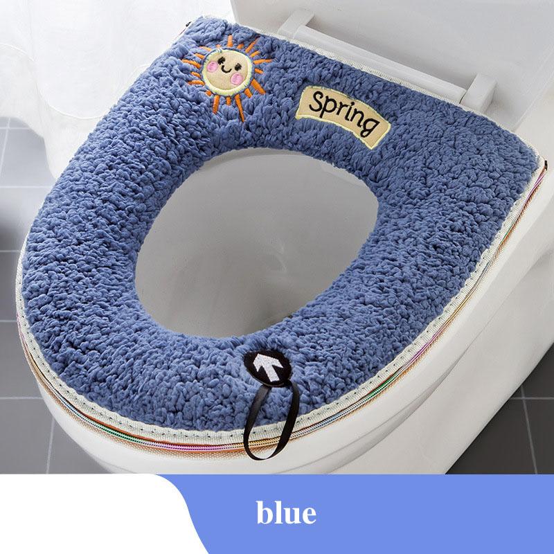 Universeller Toilettensitzbezug, rundes Toilettensitzkissen, Badezimmer, samtig, Toilettensitzbezug, Kissen, dick, warm, waschbar, Reißverschluss, süße Sonne, Toilettensitz-Waschmaschine blau