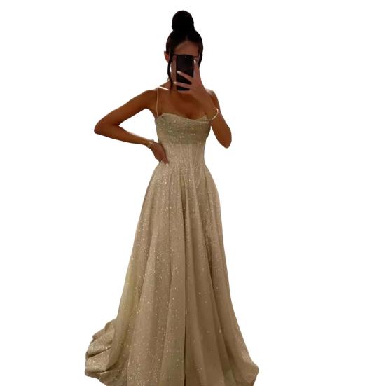 Brautkleid, Hochzeitskleid, Abschlussball, Party, Abendkleid, rückenfrei, Spaghettiträger, Pailletten, ärmellos, A-Linie, bodenlang, Ballkleid, plissiert, tief ausgeschnittenes Cocktailkleid S champagner