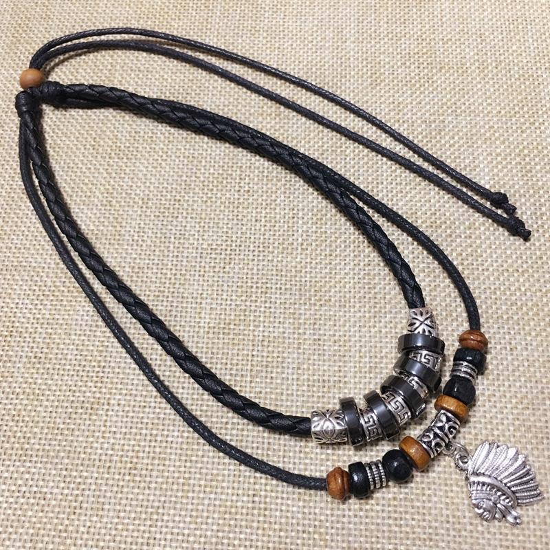 Neue Vintage Herren Halskette Figur personalisierte Anhänger Halskette Anhänger Dekoration mehrschichtige Leder Seil gemacht alte Halskette 51-65cm silber