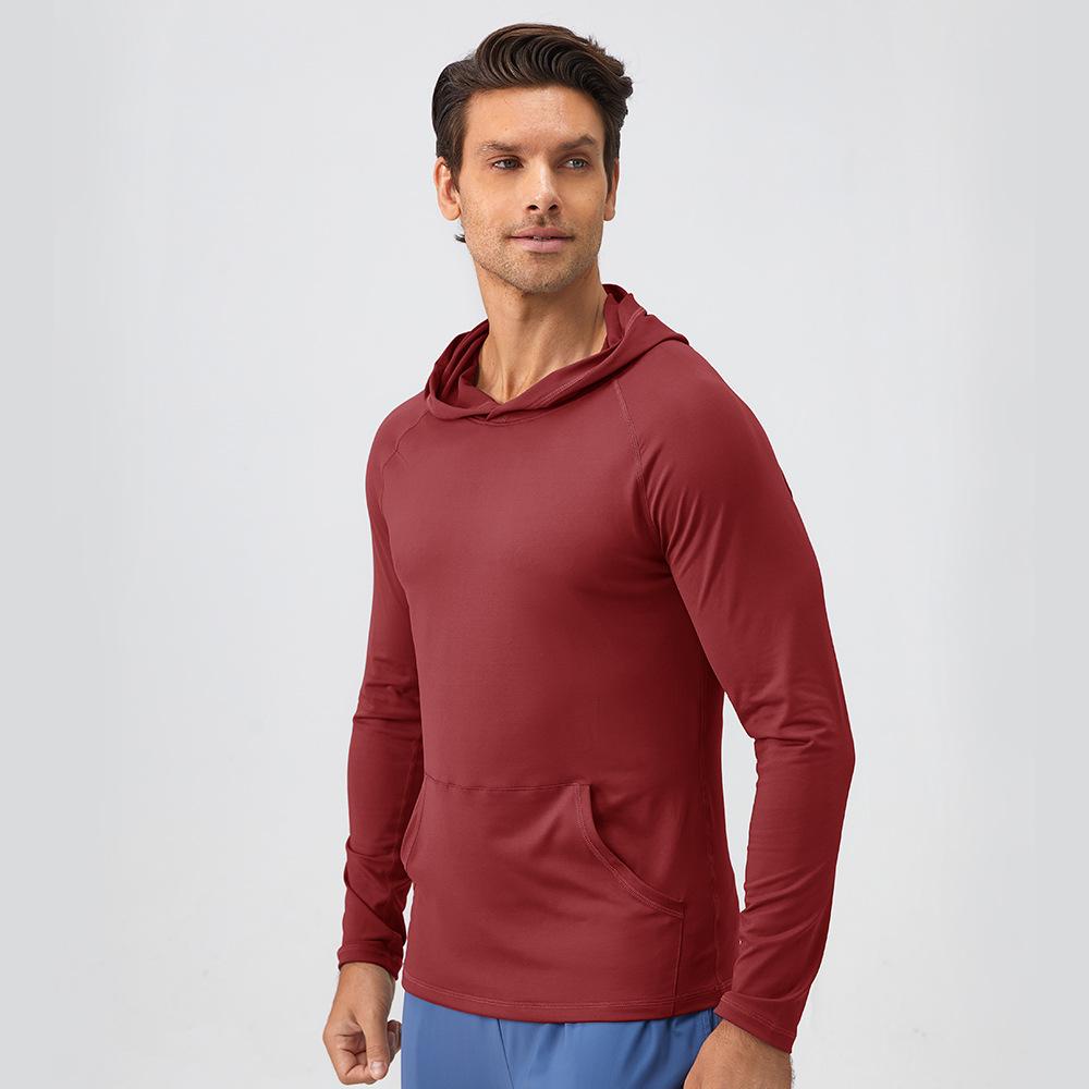 Herren-T-Shirts mit Kapuze, UPF 50+, Sonnenschutz, langärmlig, Sport-Lauf-Angel-Shirts, trockene Passform, sportliches Workout, Lauf-Shirts, langärmlig mit Kapuzen M rot
