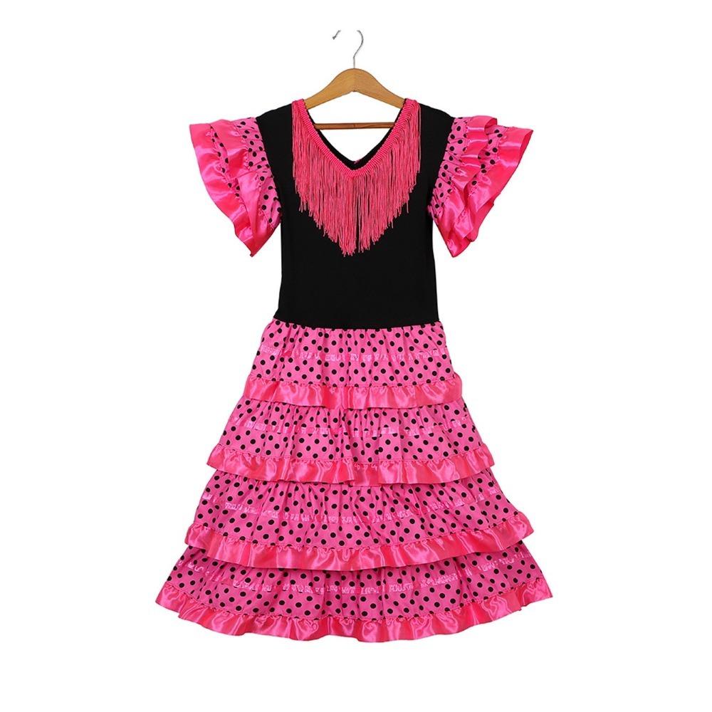 Kurzarm Kinderkleid Pünktchen Design Traditionelles Spanisches Kleid Spanischer Tanzkleid Karneval 8(8-9 Years) rose rot