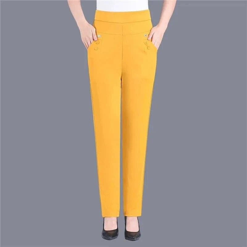 Damen Dünne Bonbonfarben Stretch Klassische Hose Gerade Hose Mutter Lässige Pantalones Schlanke Knöchellange Hose 4XL gelb