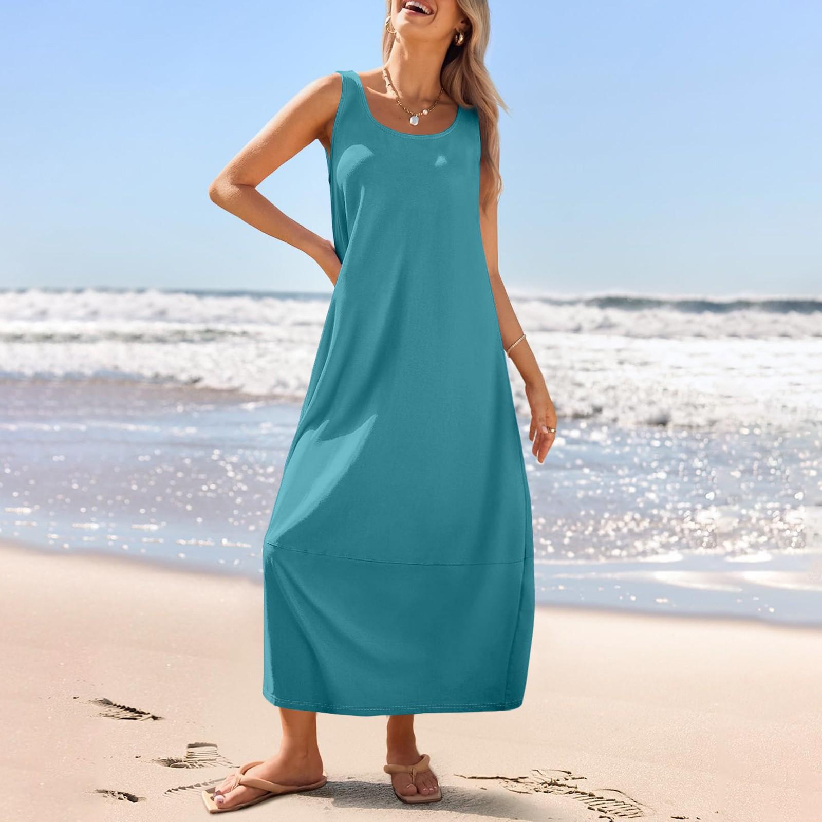 Lässiges langes Sommerkleid für Damen, Sommer-Strandkleid, Rundhalsausschnitt, ärmellos, lockeres Sommerkleid XL blue