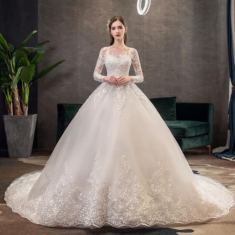 2024 Luxus Hepburn Spitze Hochzeitskleid - Schulterfrei, Langärmlig, Lange Schleppe XL (Waist 74CM) weiß