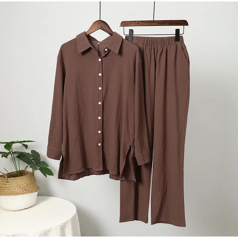 Damen Muslim Set Weite Hosen Set Zweiteiliges Set Leinen Knöpfe Hemd Anzug Ramadan Eid Dubai Ensemble Arabische Outfits XL kaffeebraun