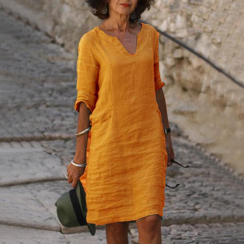 Sommer V-Ausschnitt Baumwolle und Leinen Freizeitkleid Damen Elegant Kurzarm Übergröße Kleid Frau Fashion Solid Lose A-Linie Kleider Weiblich 1033 XL orange