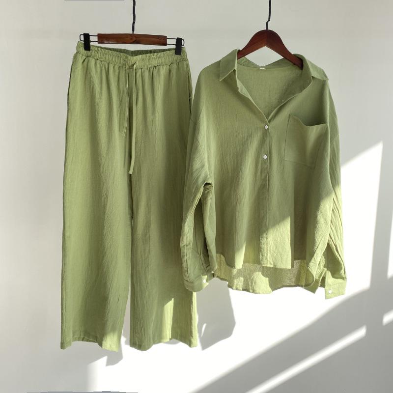 Damen zweiteiliger Anzug Retro Plus Size Baumwolle Leinen Hemd Anzug Hohe Taille Lose Hosen für Frauen XXL grasgrüne
