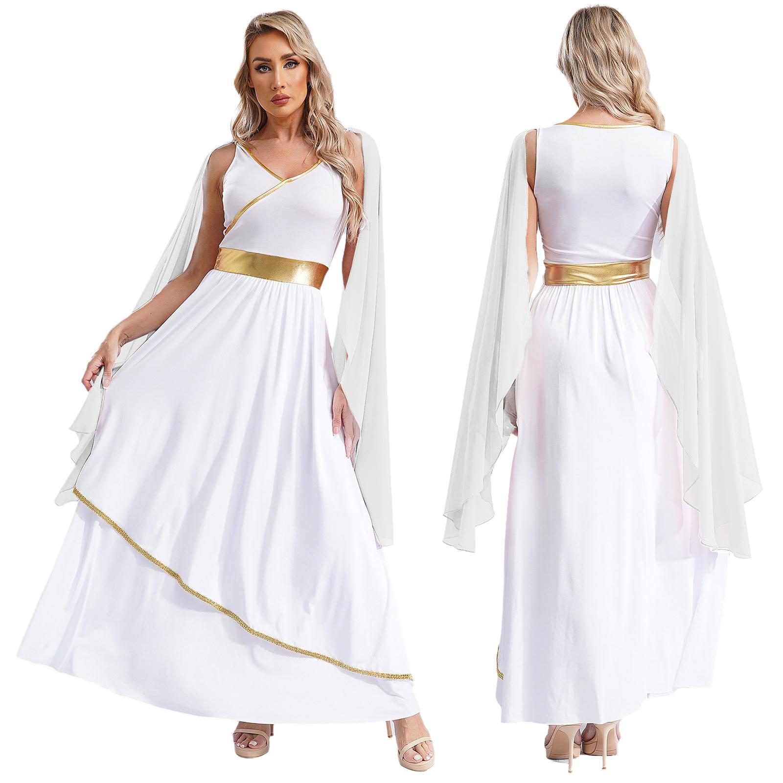 Damen Antikes Griechisches Schönheitskleid Halloween Kostüme V-Ausschnitt Ärmellos Goldbesatz Toga Griechenland Römische Königin Cosplay Kleid S weiß