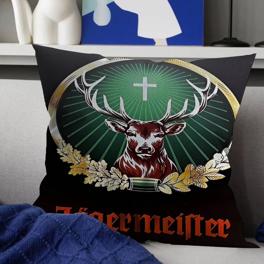 Klassisches Jagermeister Blechschild Bar Kneipe Kissenbezug Dekokissen Sofa Heimdekoration Hülle Kissenbezüge Peach skin 18*18(CM)-1Pcs