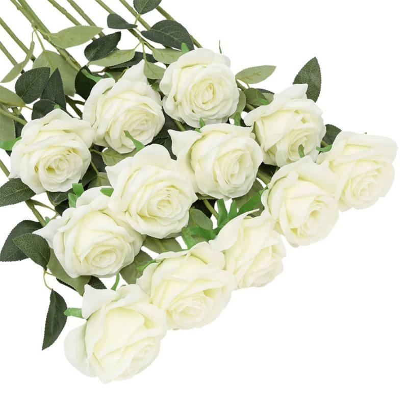 12 Stück große künstliche Seidenrosen, künstliche Blumen mit langem Stiel, künstliche Rosen, lebensechte Blumen für Hochzeit, Zuhause, Party, Tischdekoration weiß