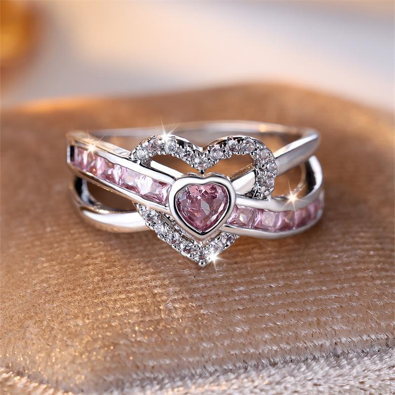 Braut Liebe Herz Eheringe Silber Farbe Rosa Weiß Zirkon Versprechen Verlobungsringe Für Frauen Luxus Valentinstag Schmuck 10