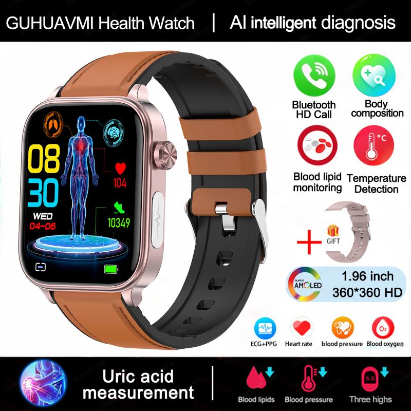 2025 Neue EKG+PPG Blutfett Harnsäure Gesundheits-Smartwatch Herren Herzfrequenz Blutdruck Bluetooth Anruf Smartwatch Damen Brown-Leather