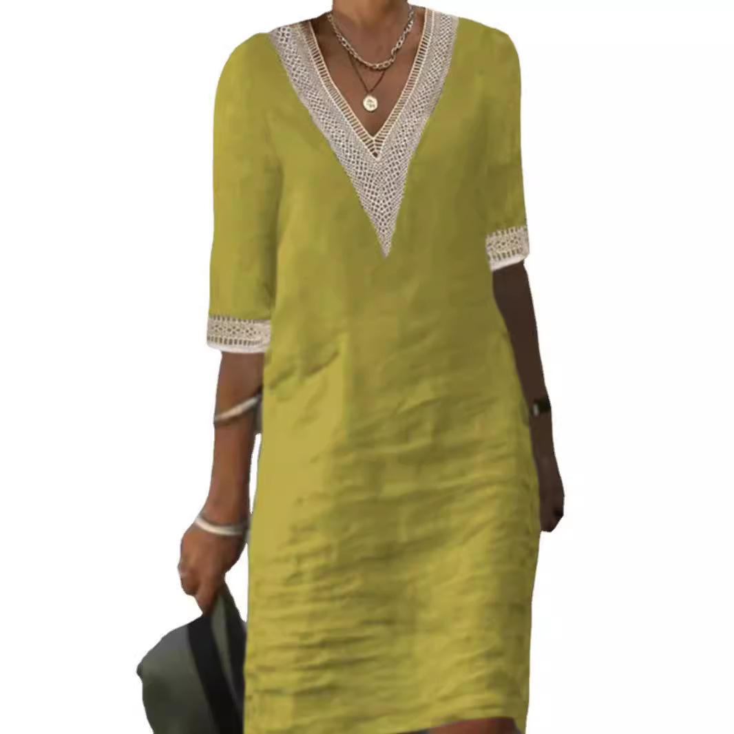 Damen Baumwolle Leinen Spitze Ausschnitt Manschette V-Ausschnitt Kleid Mode Einfarbig Aushöhlen Mini Kleid Damen Freizeit Halbarm Kleid XXL gelb