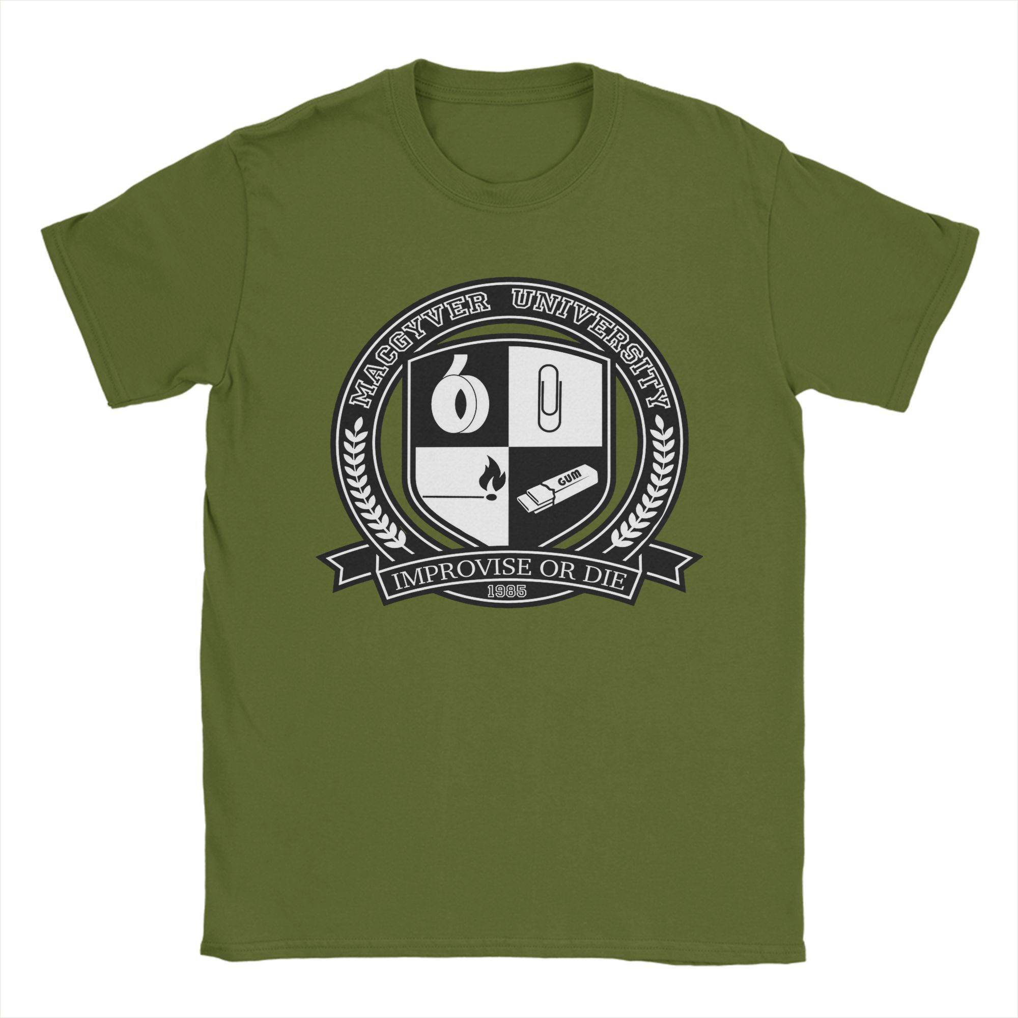 Herren Macgyver University V2 T-Shirts Einfallsreichtum Ingenieurwesen Baumwollkleidung Cool Kurzarm O-Ausschnitt T-Shirts Übergröße T-Shirts XXXL armee grüne