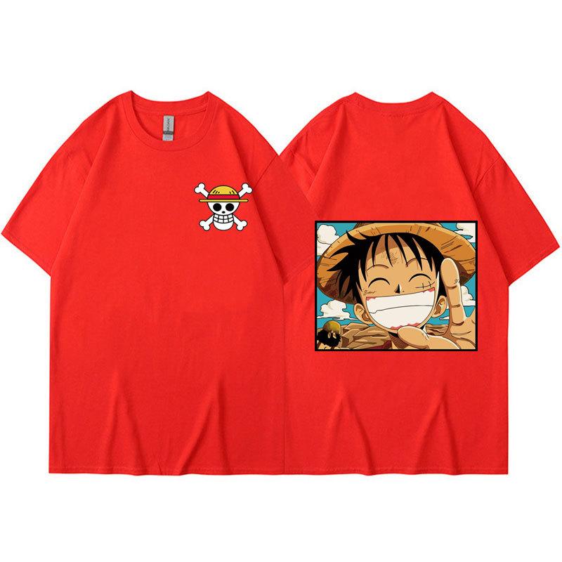 Anime ONE PIECE Herren T-Shirt Harajuku Luffy Manga Grafik Oberteile T-Shirts Cosplay Baumwolle Cartoon T-Shirts Unisex Lässig Sommer Streetwear 2XL rot