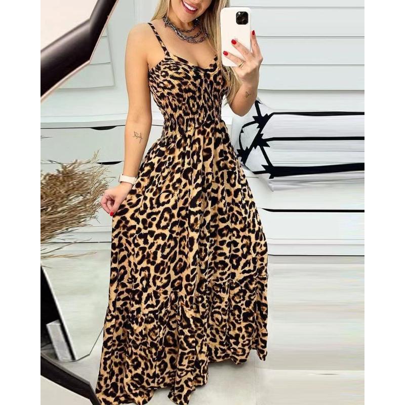 Sommer Frau Halfter Kleid Leopard Print Halter V-ausschnitt Kleid Hohe Taille Kleid Sexy Temperament Mode Lange Kleid 3XL gelb