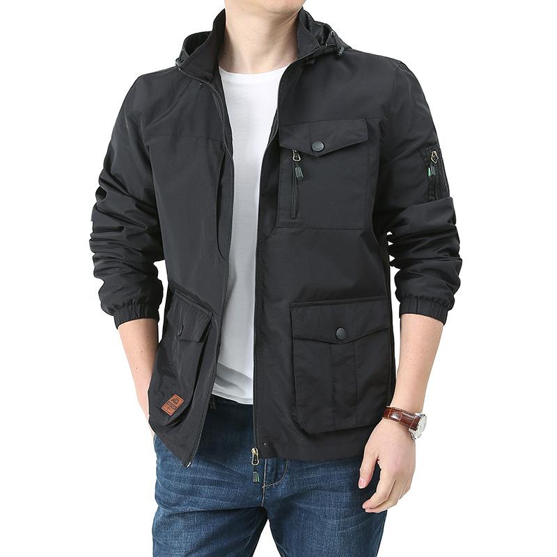 Jacke Herren Loose Plus Size Jacke mit mehreren Taschen, kann die Kapuze abnehmen, Arbeitsmanteloberteil 8XL schwarz