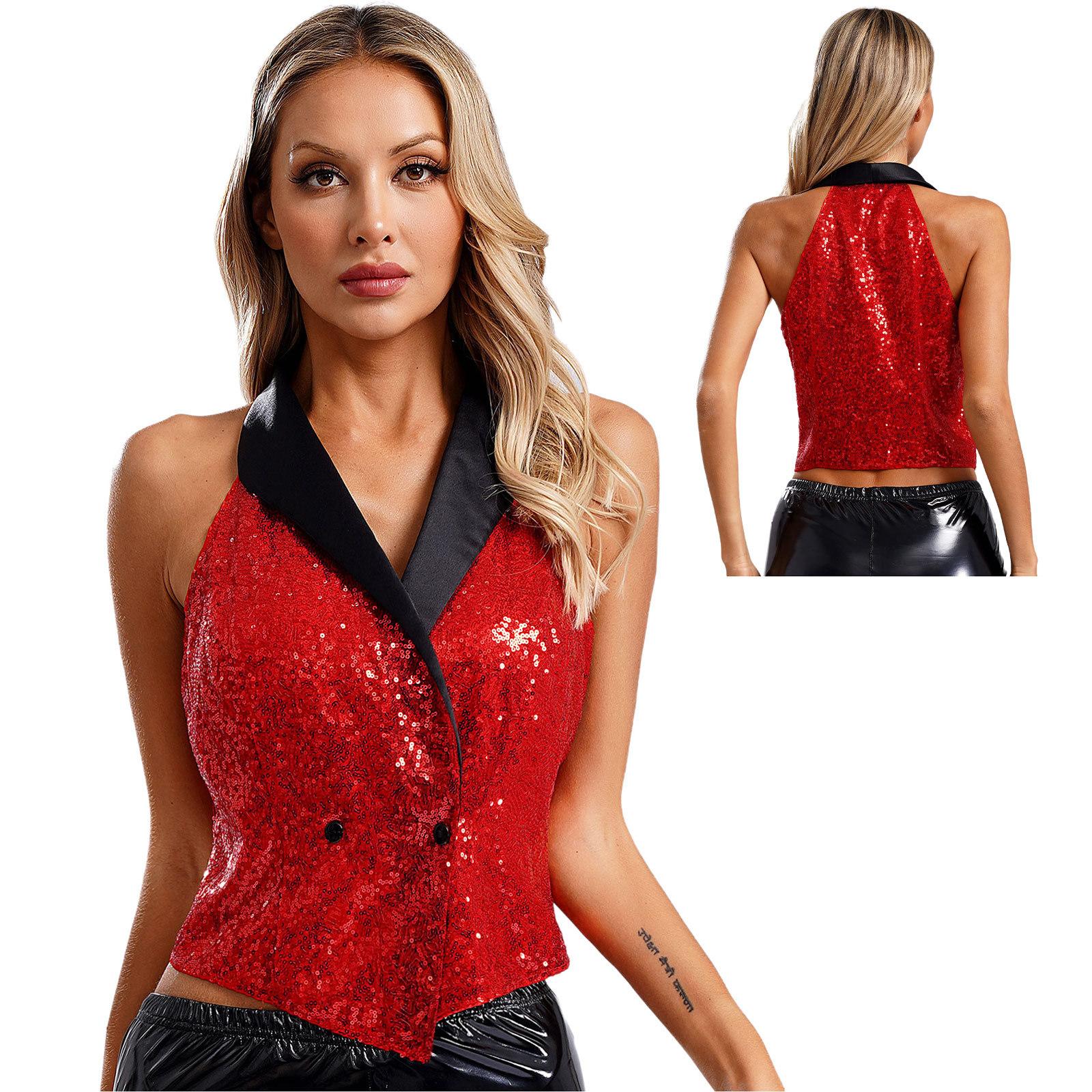 Damen V-Ausschnitt Paillettenweste Weste Glitzernde Bluse Festliche Weste Oberbekleidung für Abendparty Bankett Cocktail Club Kostüme M rot
